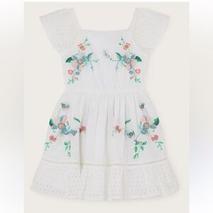 Monsoon Girls White Dobby Broderie Floral Embroidered Dress, Size 8Yp